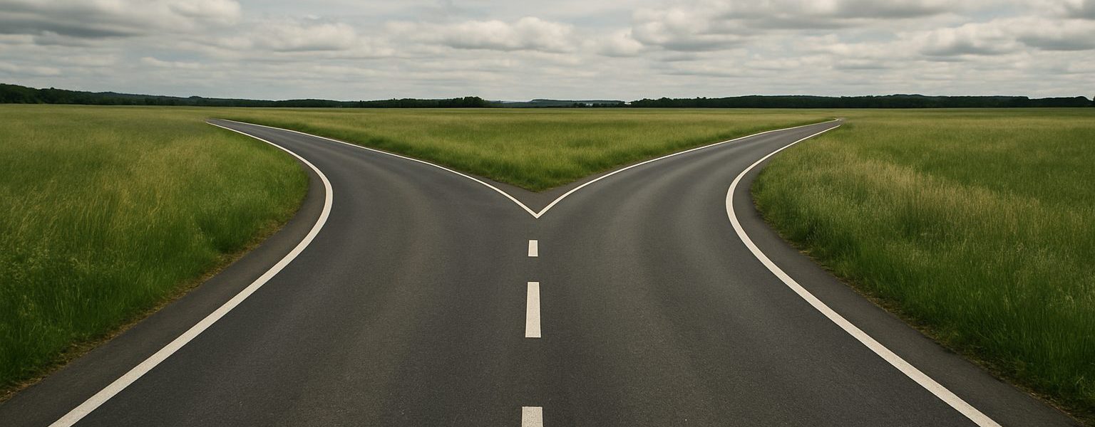 A fork in the road surrounded by green fields and cloudy skies