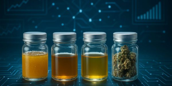 Various jars of cannabis extracts and dry flowers against a tech-themed background