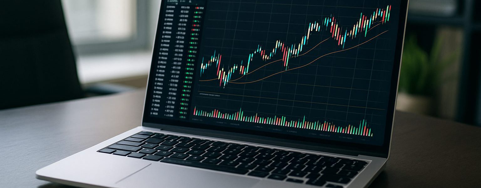 Close-up of a laptop displaying financial trading charts with a dollar bill nearby.