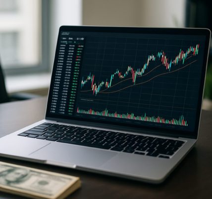Close-up of a laptop displaying financial trading charts with a dollar bill nearby.