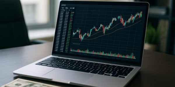 Close-up of a laptop displaying financial trading charts with a dollar bill nearby.